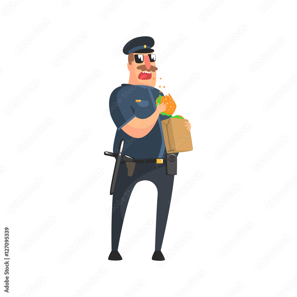 Policeman In American Cop Uniform With Truncheon, Radio, Gun Holster And Sunglasses Having Lunch From Paper Bag