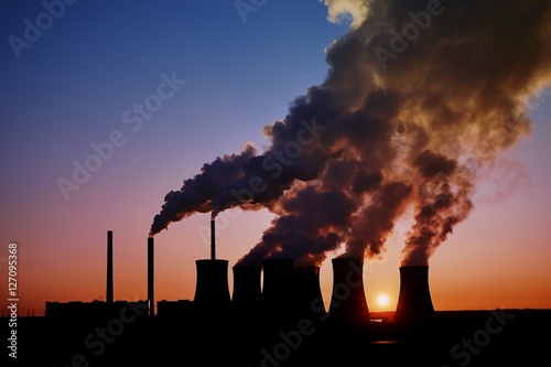 coal fired power station silhouette at sunset, Pocerady, Czech republic