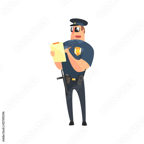 Road Policeman In American Cop Uniform With Truncheon, Radio, Gun Holster And Sunglasses Writing A Ticket