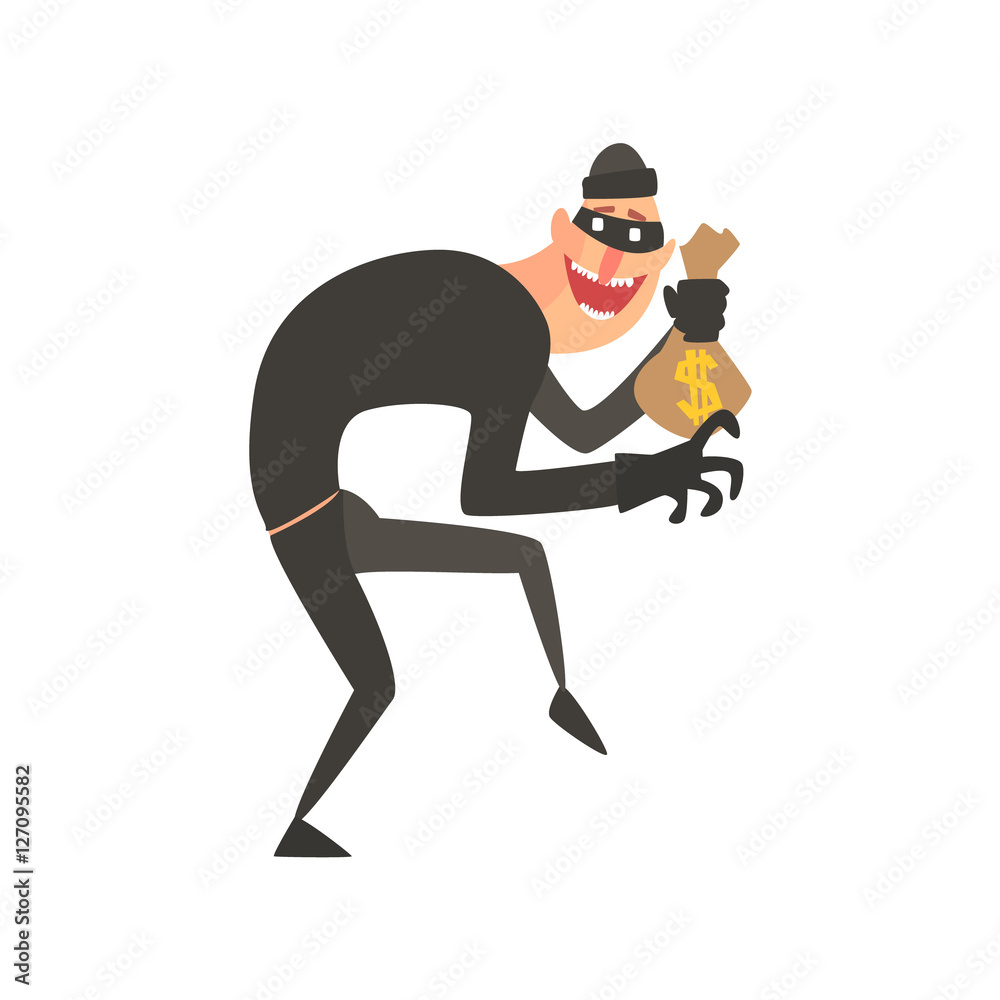 Criminal Wearing Mask Holding Money Bag Tiptoeing Committing A Crime Robbing The Bank Criminal Wearing Mask Holding Money Bag Tiptoeing Committing A Crime Robbing The Bank