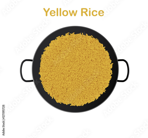 Yellow rice in paella pan isolated