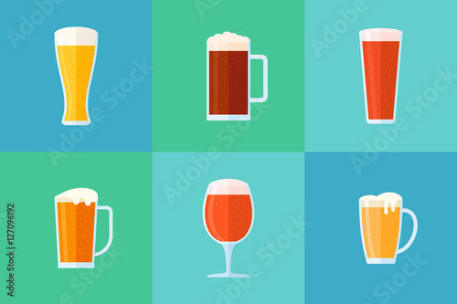 Set of beer glasses flat style icons. Different beer types: classic, white, light, red and dark. Vector illustration.