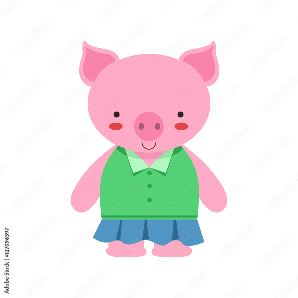 Pig In Green Top And Blue Skirt Cute Toy Baby Animal Dressed As Little Girl