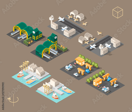 Set of Isolated Isometric Minimal City Elements. Petrol Station , Airport , Railway Station and Harbor with Shadows on Dark Background.