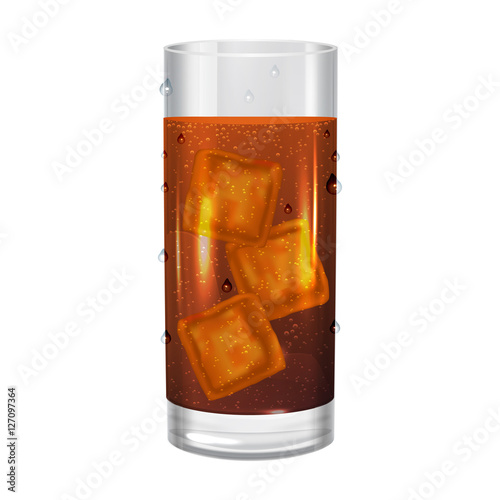 Glass of cola with ice cubes, drink soda. Vector illustration.