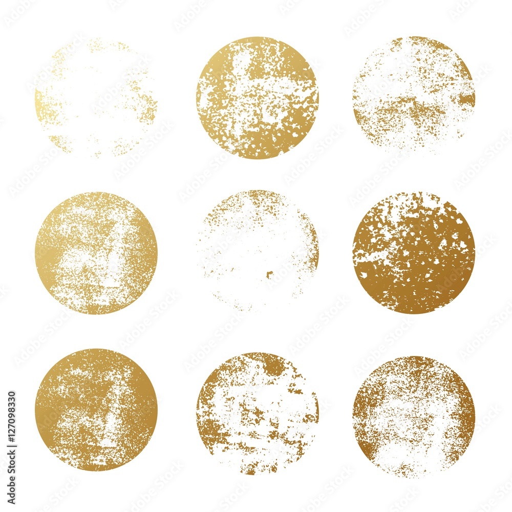 Set of golden foil round textures for logos, labels, branding, frames. Golden glitter leaf foil textured circle stamps.