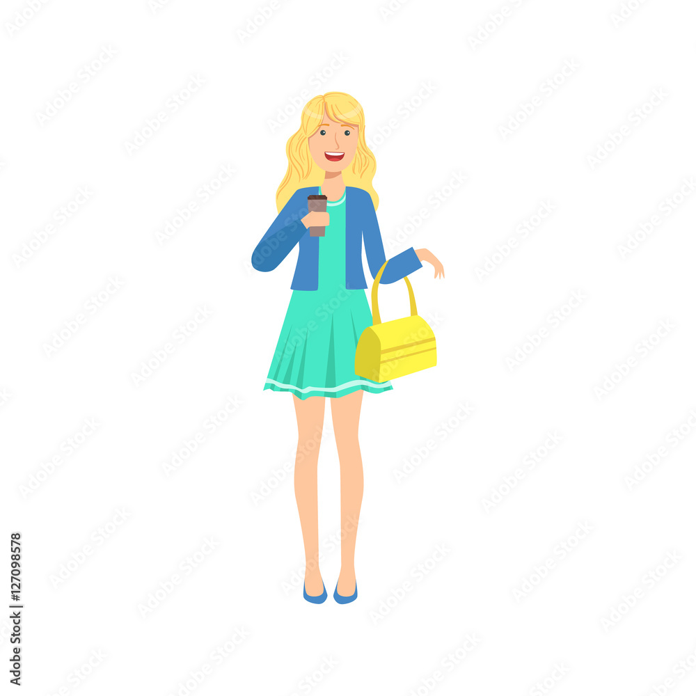 Happy Pretty Blond Girl In Blue Dress Sipping Coffee, Part Of Women Different Lifestyles Collection Happy Pretty Blond Girl In Blue Dress Sipping Coffee, Part Of Women Different Lifestyles Collection