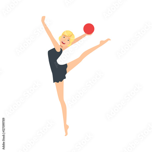 Blond Professional Rhythmic Gymnastics Sportswoman In Black Dress Performing An Element With Ball Apparatus