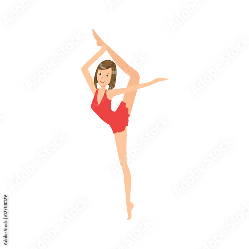 Professional Rhythmic Gymnastics Sportswoman In Red Leotard Performing An Element Without Apparatus