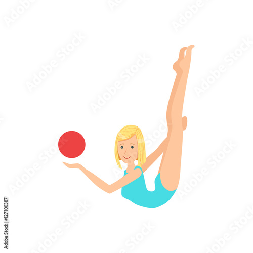 Blond Professional Rhythmic Gymnastics Sportswoman In Blue Leotard Performing An Element With Ball Apparatus