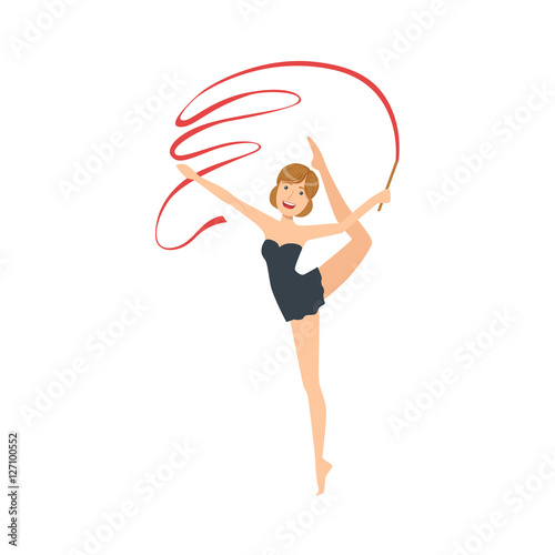 Professional Rhythmic Gymnastics Sportswoman In Black Dress Performing An Element With Ribbon Apparatus