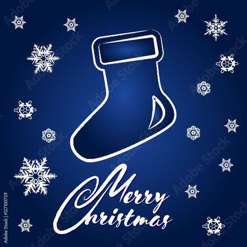 Christmas Greeting Card with Christmas sock. Merry Christmas lettering, vector illustration