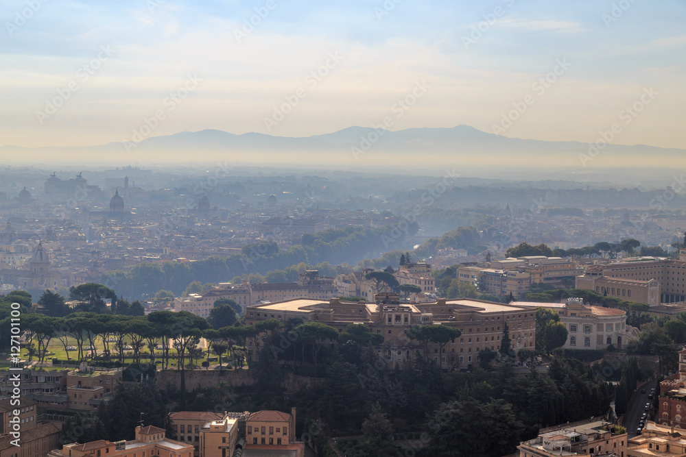 View from the dome of St. Peter's, the streets of Rome, pine, mountains on the horizon