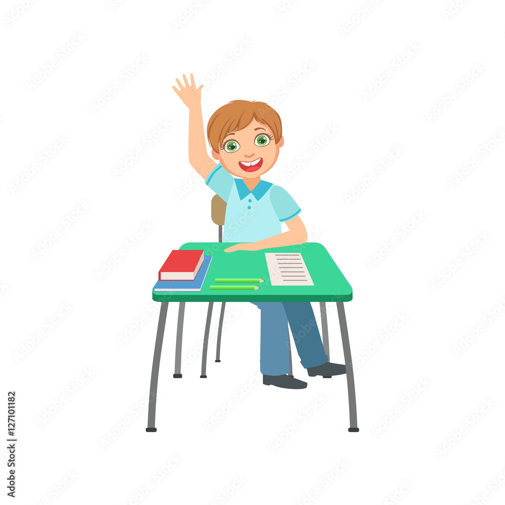 Schoolboy Sitting Behind The Desk In School Class Raising Hand To Answer Illustration, Part Of Scholars Studying Vector Collection. Schoolboy Sitting Behind The Desk In School Class Raising Hand To Answer Illustration, Part Of Scholars Studying Vector Collection.