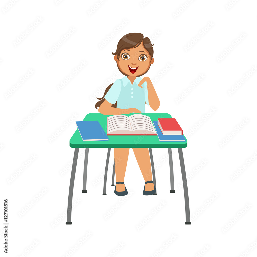 Schoolgirl Sitting Behind The Desk In School Class Very Interested Illustration, Part Of Scholars Studying Vector Collection.