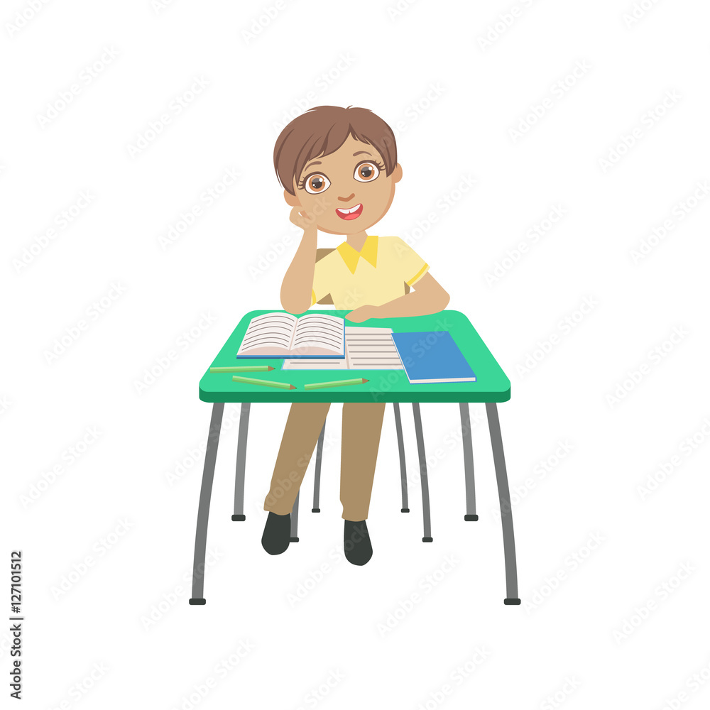 Schoolboy Sitting Behind The Desk In School In Dreamy Mood Resting His Head On His Hand Illustration, Part Of Scholars Studying Vector Collection. Schoolboy Sitting Behind The Desk In School In Dreamy Mood Resting His Head On His Hand Illustration, Part Of Scholars Studying Vector Collection.
