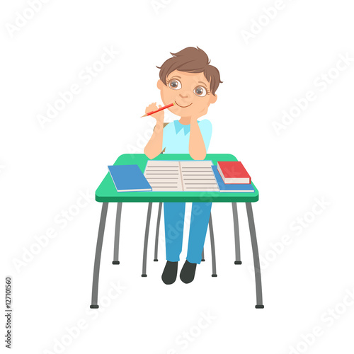 Schoolboy Sitting Behind The Desk In School Thinking About Something Chewing The Pencil Illustration, Part Of Scholars Studying Vector Collection.