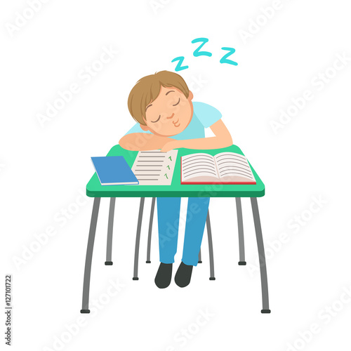 Schoolboy Sitting Behind The Desk In School Class Sleeping On Notebooks Illustration, Part Of Scholars Studying Vector Collection.