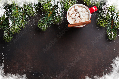 Christmas fir tree, hot chocolate and marshmallow