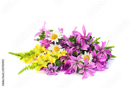 Bouquet of flowers Malva sylvestris, Linaria vulgaris (common toadflax, butter-and-eggs) and chamomile on a white background