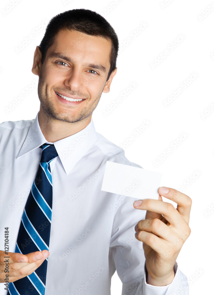 Businessman with business card, on white