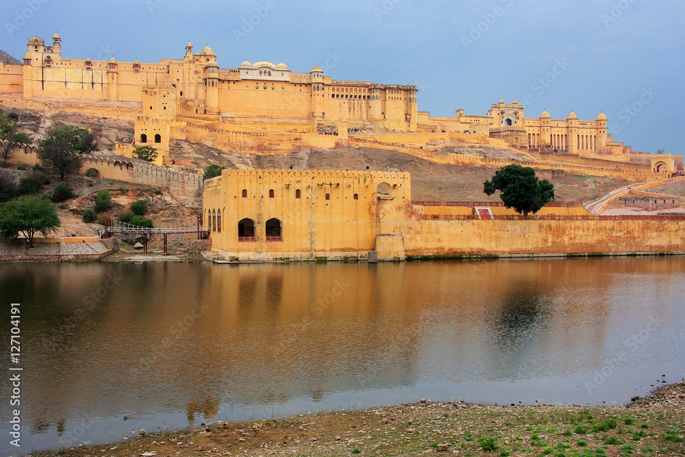 Amber Fort and Maota Lake near Jaipur, Rajasthan, India.