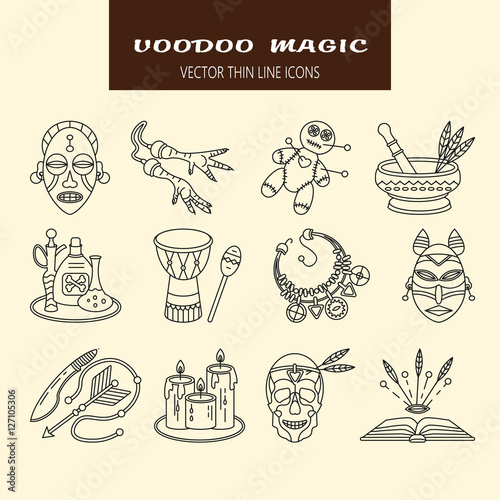 Voodoo African and American magic vector line icons.