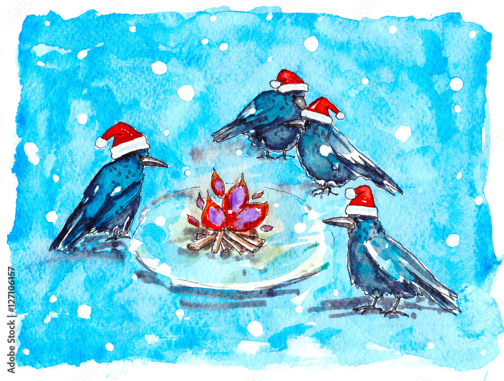 New year illustration of crows near fire