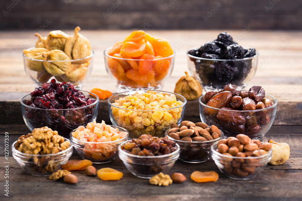 Dried fruits and nuts in the bowl