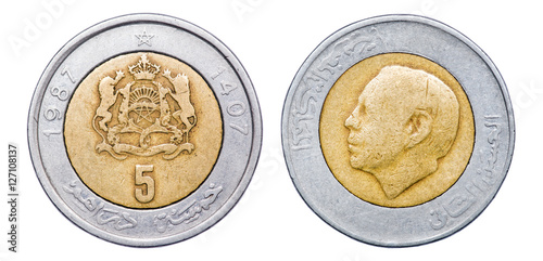 Coin 5 dirham. Profile of King Hassan II. Morocco. year 1987
