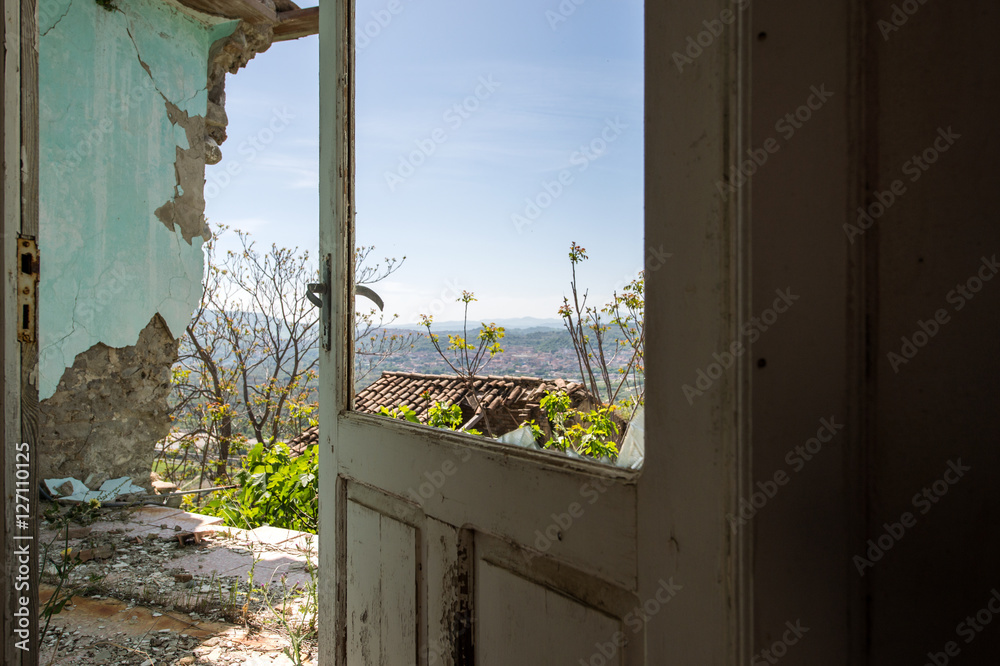 Door of balcony destroyed with landscape Door of balcony destroyed with landscape