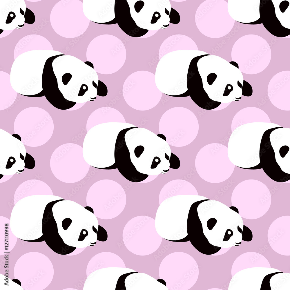 Fototapeta premium Panda bear vector background. Seamless pattern with cute cartoon sleeping panda. 