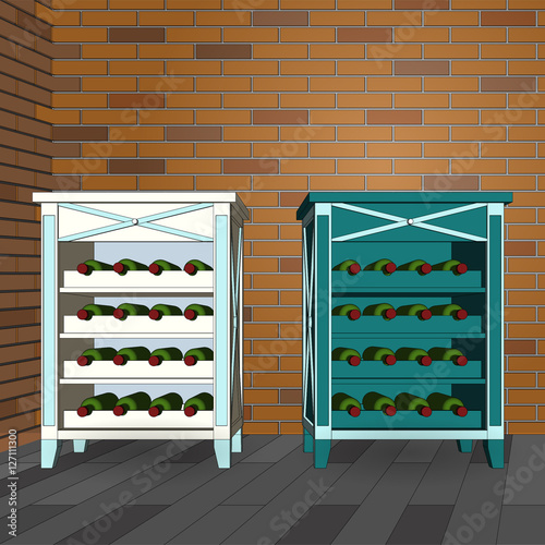 Brick wall and floor background with Wine cabinet wooden. Furniture for wine bottles. Vector illustration.