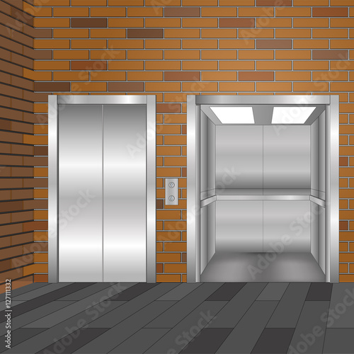 Elevator Doors metal open and closed with boxes. Elevator hall interior with  brick wall and floor background.  Vector illustration.  