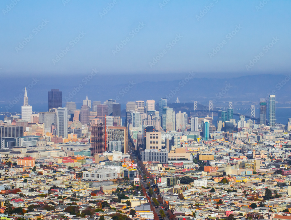 Downtown San Francisco and neighborhoods  seen from the surrounding hills.  