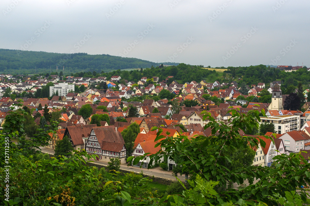 PFORZHEIM, GERMANY - April 29. 2015: cityview from Memorial of Bombing City on the Wallberg Rubble Hill.