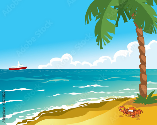 Sea beach with palm and crab. Cartoon vector illustration