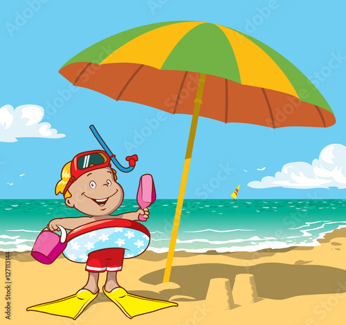 Little boy with swimming circle, flippers and mask on the beach. Cartoon vector illustration © Leh
