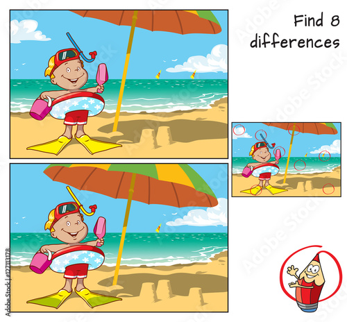 Little boy with swimming circle, flippers and mask on the beach. Find differences. Educational game for children.  Cartoon  vector illustration
