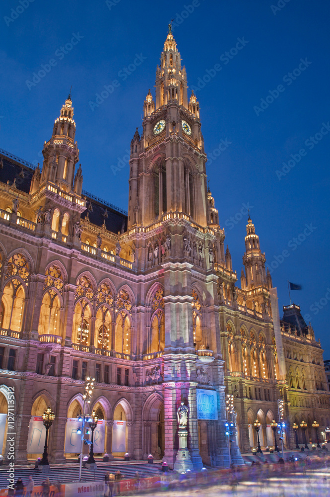VIENNA, AUSTRIA - FEBRUARY 13, 2010:Town hall (Rathaus) and scating in winter.