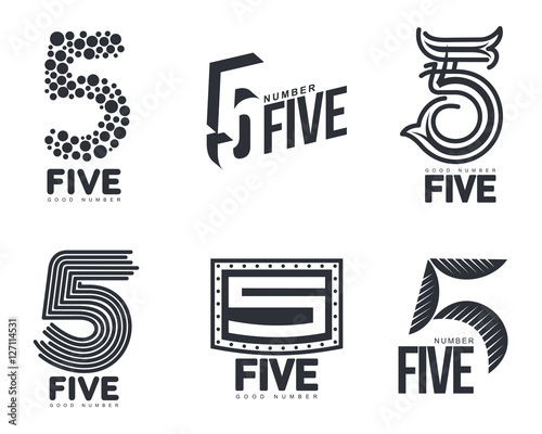 Set of black and white number five logo templates, vector illustrations isolated on white background. Black and white graphic number five logo templates - technical, organic, abstract photo