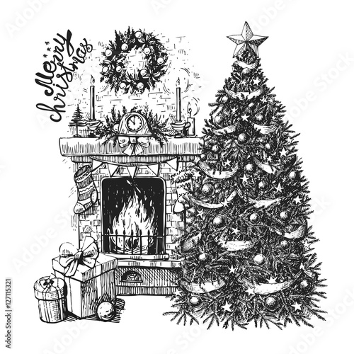 christmas tree and fireplace