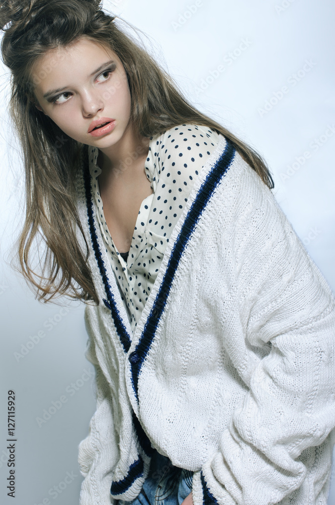 Portrait of teen girl in stylish clothes. Fashion photography in