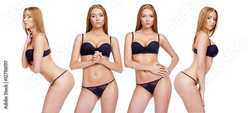 Sexy young blonde women posing in black underwear
