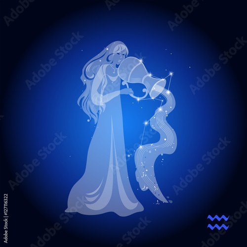 Aquarius zodiac constellation & astrological sign, female figure with a pitcher
