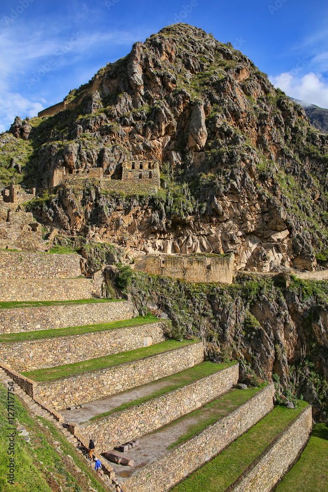 Terraces of Pumatallis at the Inca Fortress in Ollantaytambo, Pe