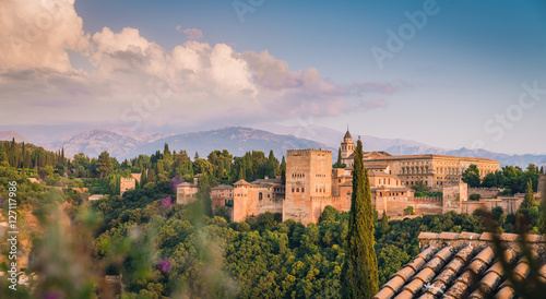 Granada - The Alhambra palace and fortness complex in evening light.