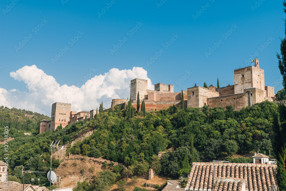 Granada - The Alhambra palace and fortness complex in evening light...
