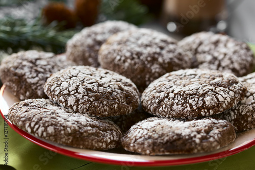 Chocolate crinkle cookies, traditional American Christmas cookies, photographed with natural light (Selective Focus, Focus one third into the image) © Ildi