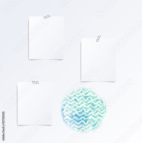 Vector white Note paper on the wall this watercolor waves. Hipster mood board template. Mock up.